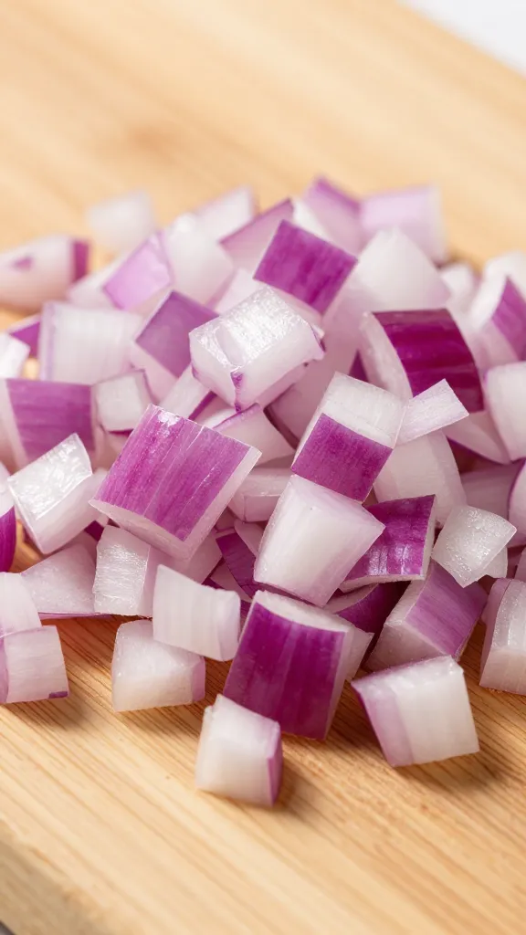 minced red onion on wooden board, tight macro