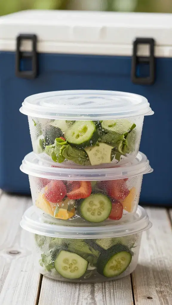 chilled salad container with condensation, picnic cooler backdrop