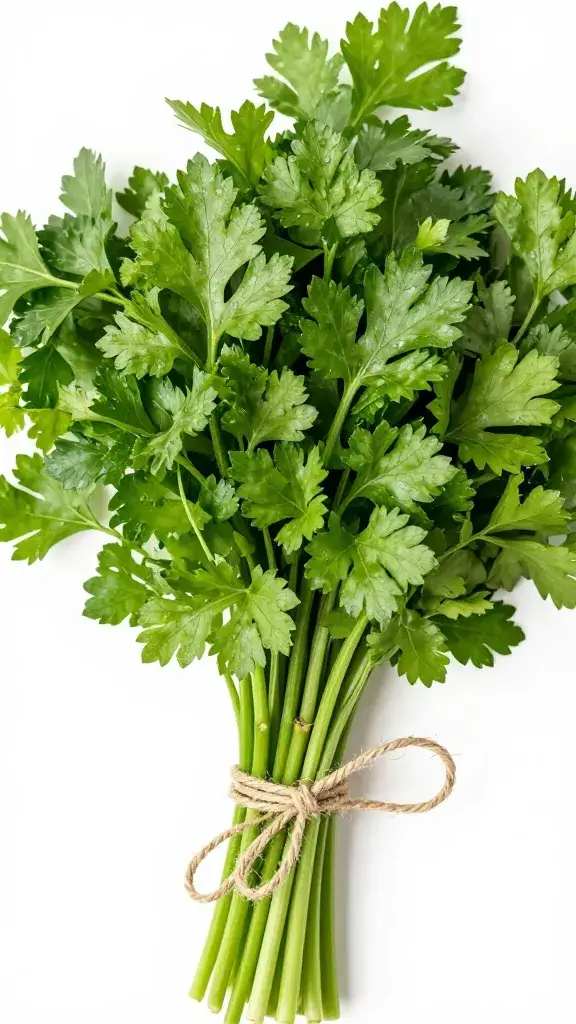 fresh parsley bunch tied with twine, macro texture shot