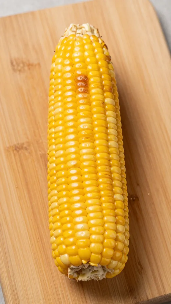single ear of charred corn on cutting board
