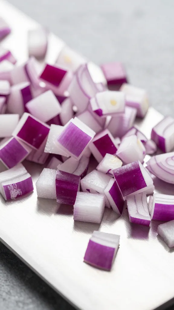 diced red onion closeup on chef’s knife blade