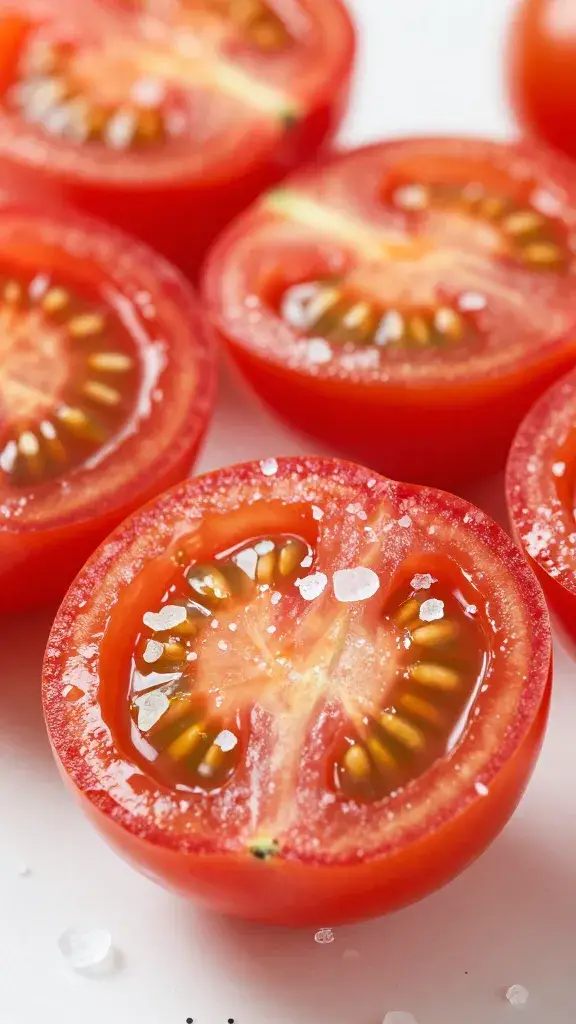 halved cherry tomato with coarse salt crystals