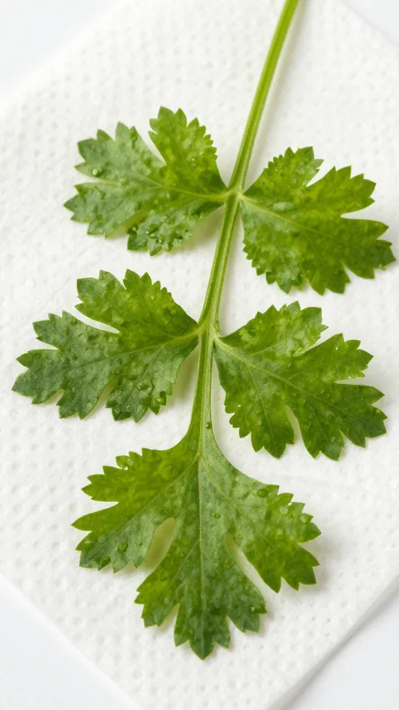 cilantro leaves macro on damp paper towel