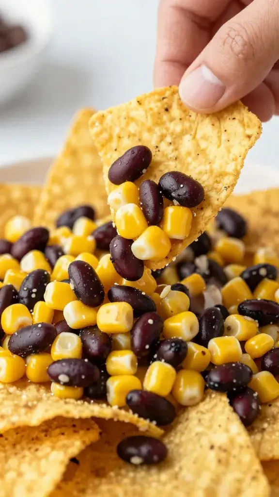 tortilla chip scooping black bean corn salad