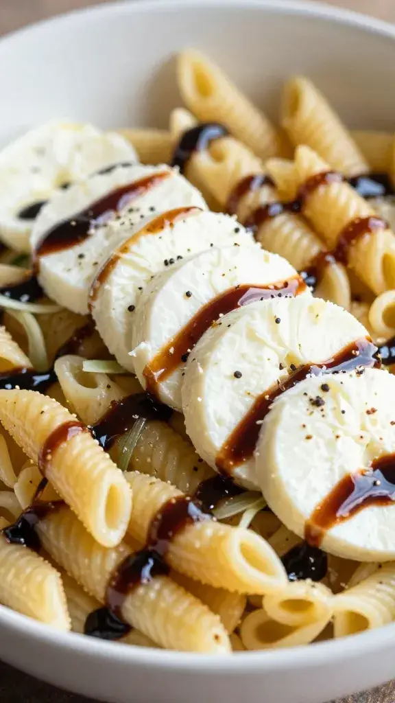 closeup bowl of caprese pasta salad with balsamic glaze