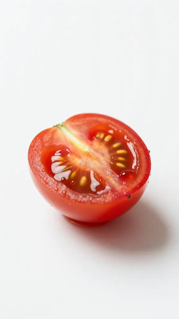 single halved cherry tomato with balsamic droplets