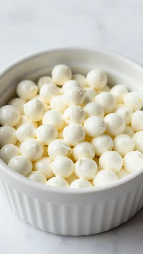 mozzarella pearls in white ramekin, soft natural light