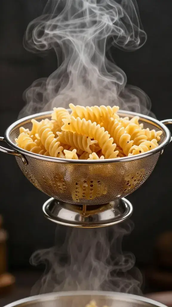 rotini pasta colander steam rising, tight crop