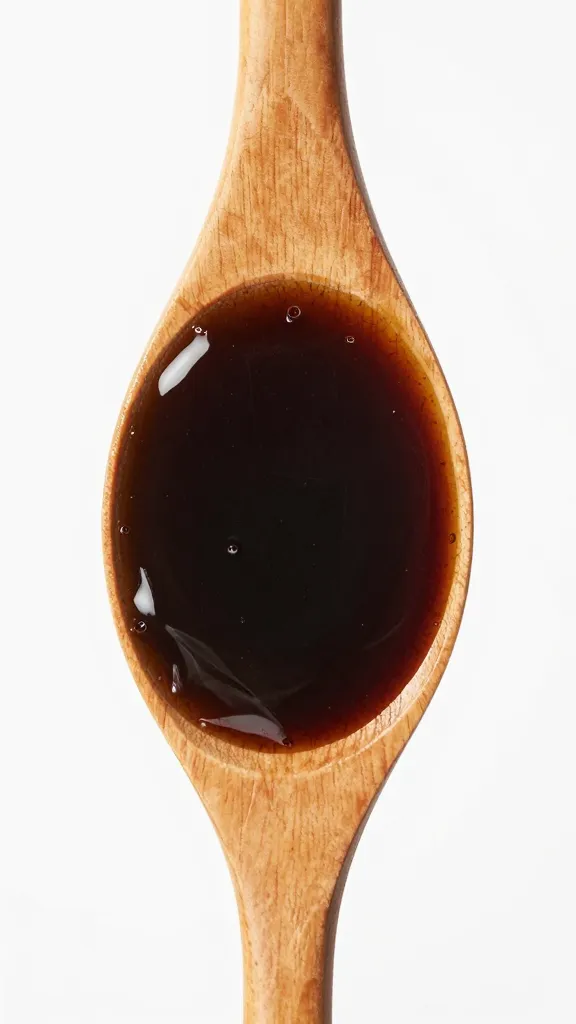 wooden spoon coated in balsamic vinaigrette, closeup