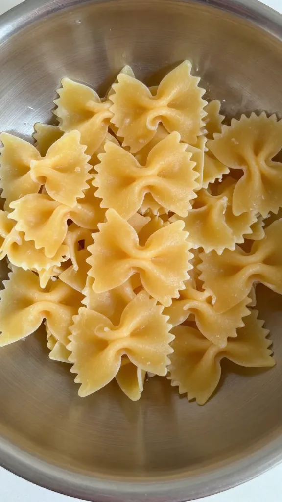 farfalle pasta portion in stainless mixing bowl, overhead