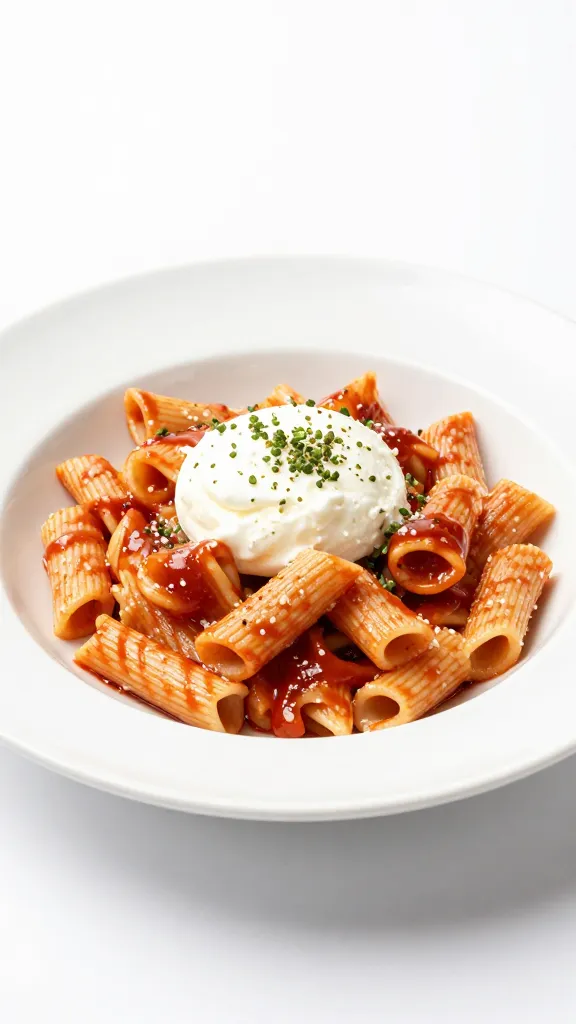 single serving plate of caprese pasta, white background