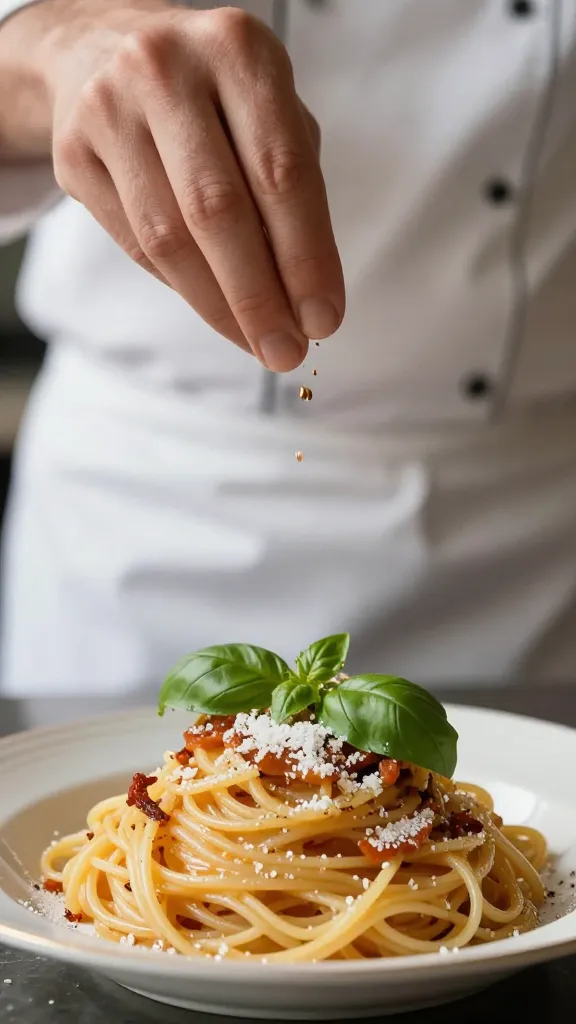 chef’s hand sprinkling basil over pasta, shallow focus