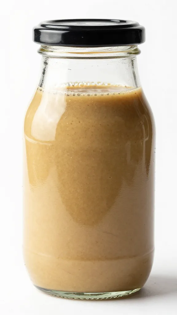 glass jar of homemade balsamic dressing, studio lighting