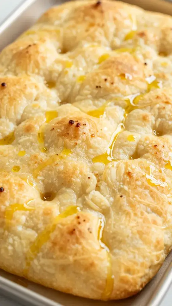 golden sheet-pan focaccia, olive-oil gloss, closeup crumb