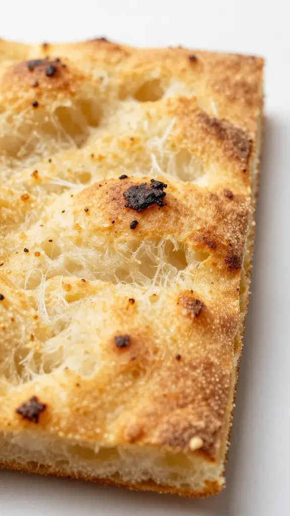 focaccia corner slice, crisp browned edge, macro shot