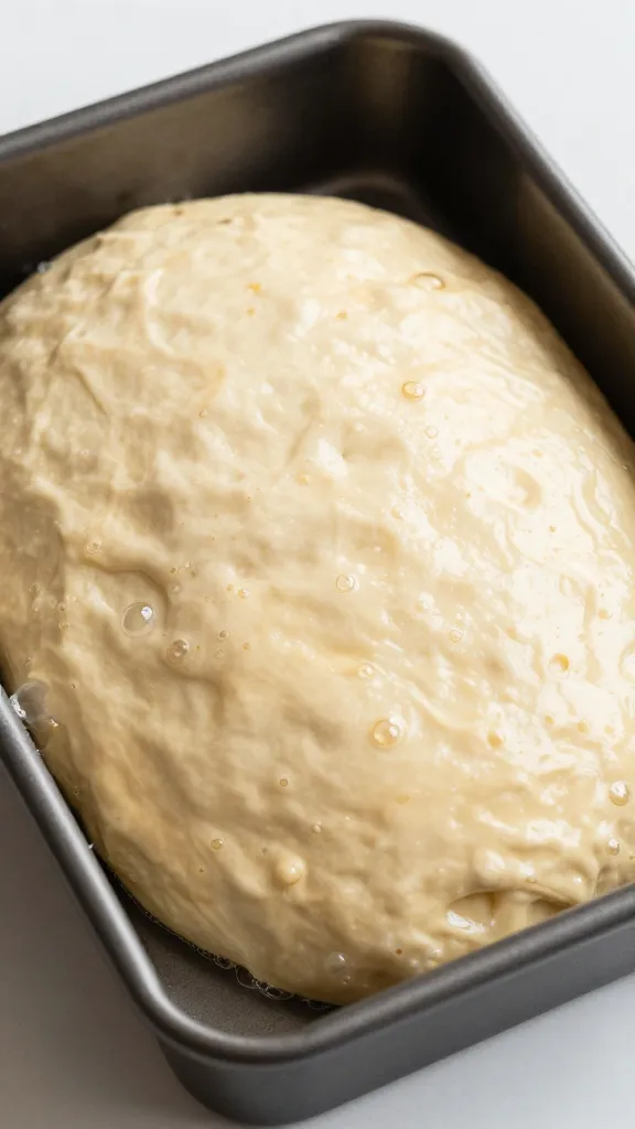 dough in oiled half-sheet pan, bubbles showing