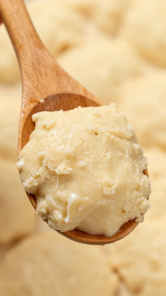 wooden spoon coated in sticky focaccia dough, closeup