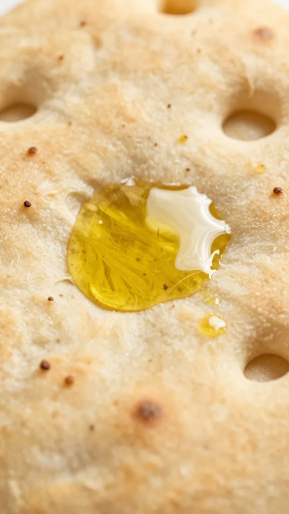 olive oil pooling in focaccia dimples, tight macro