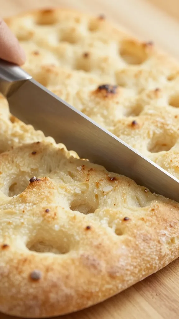 serrated knife slicing thick focaccia slab, focus on crust