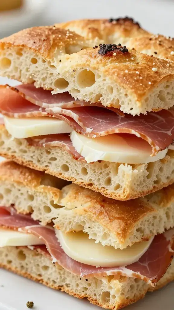 focaccia sandwich stack with mortadella and provolone, closeup