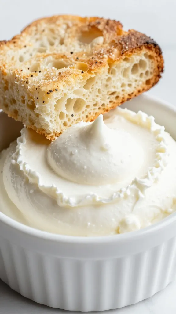ramekin of whipped ricotta with focaccia wedge, closeup