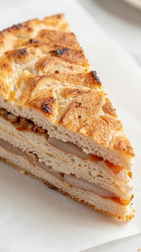 closeup of sliced muffaletta wedge on parchment