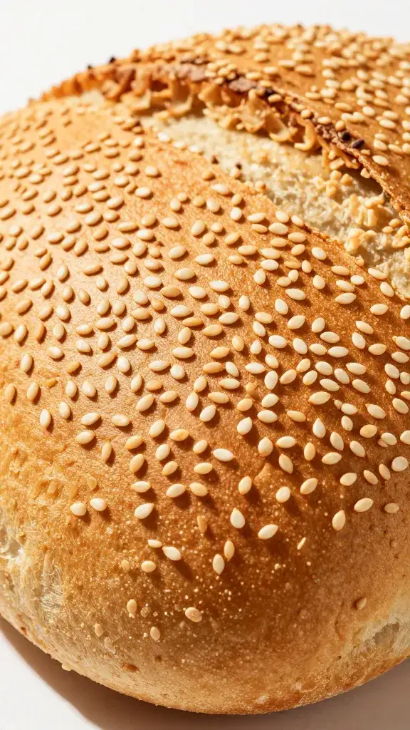 round sesame muffaletta loaf, crust detail macro