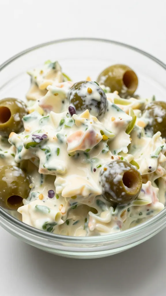 olive salad in small glass bowl, overhead closeup