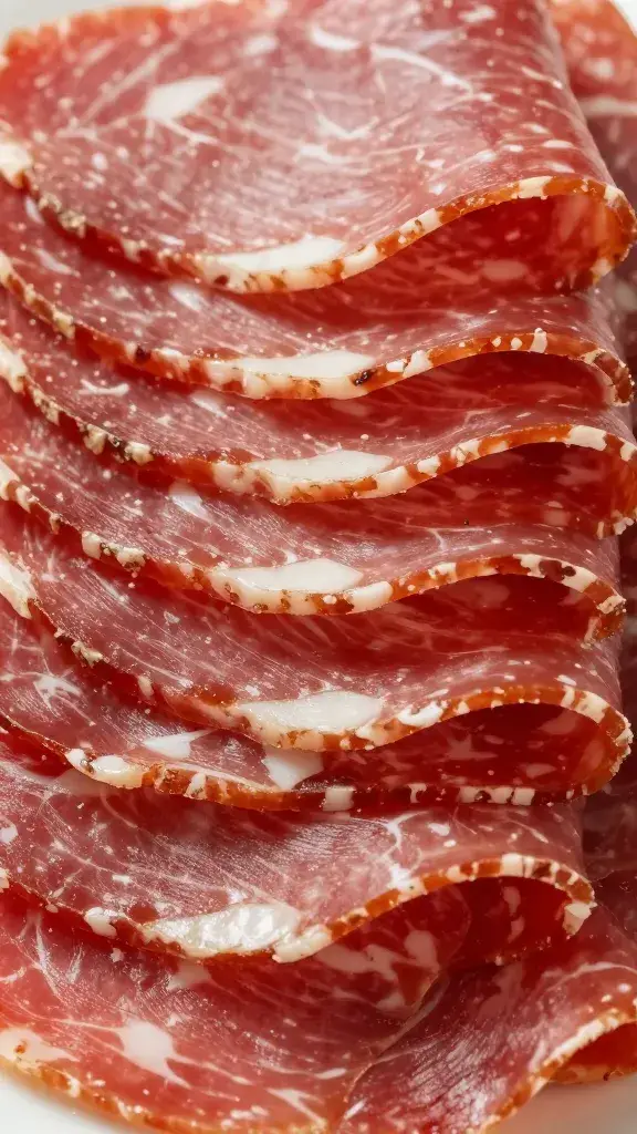 layered Italian cold cuts stack, tight shot