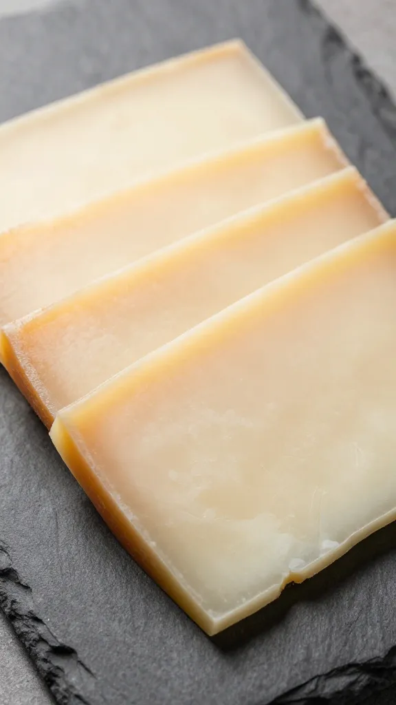 provolone slices fanned on slate board, closeup