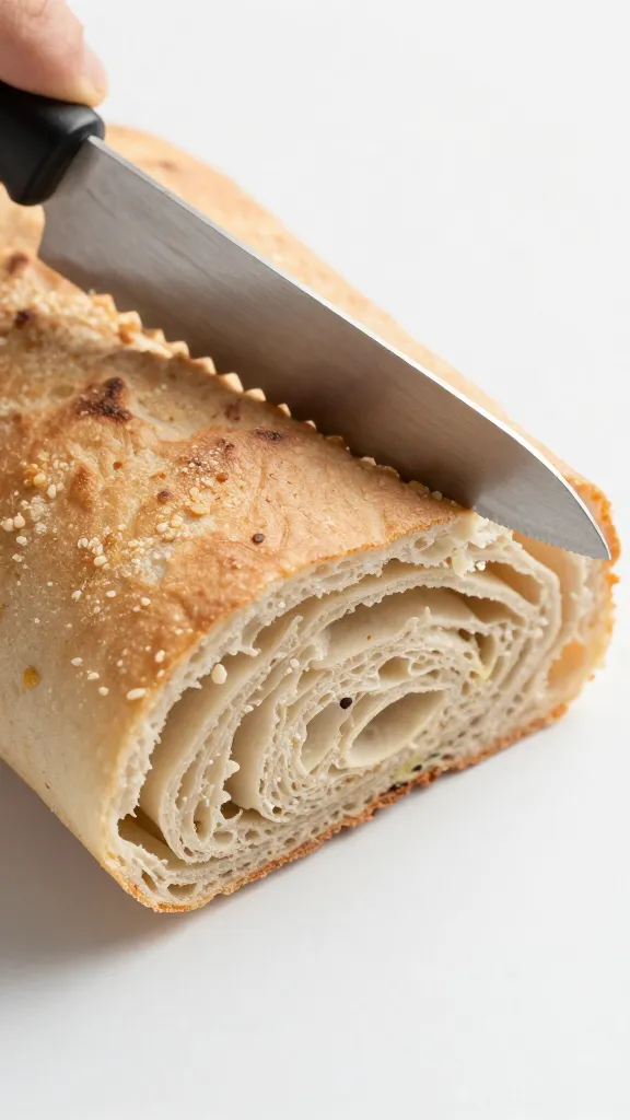 serrated bread knife cutting muffaletta, tip focus