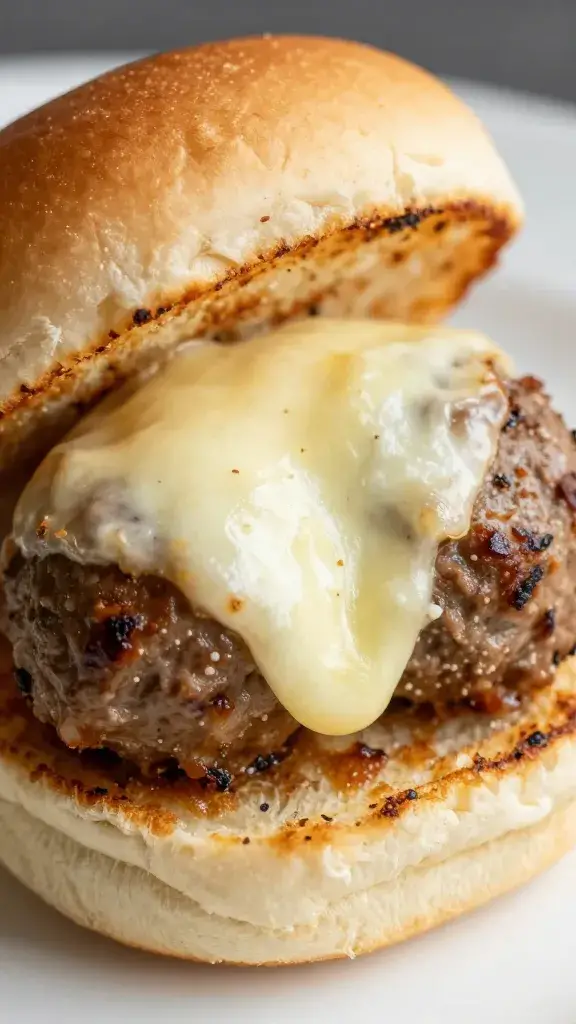 closeup of pull-apart meatball slider with melted mozzarella