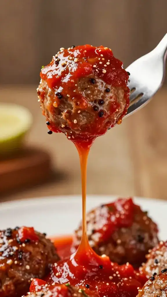 one saucy beef meatball on fork with marinara drip