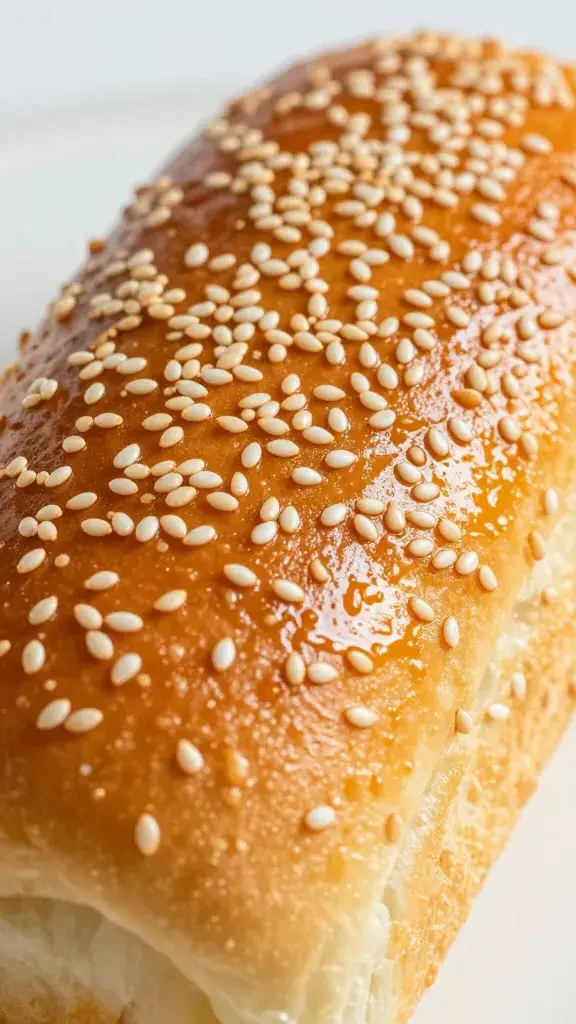 closeup of sesame-topped Hawaiian roll, golden and glossy