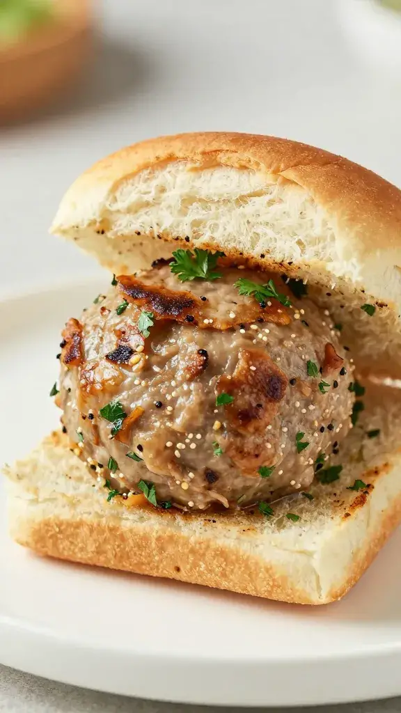 tight shot of parsley-sprinkled meatball slider cross-section