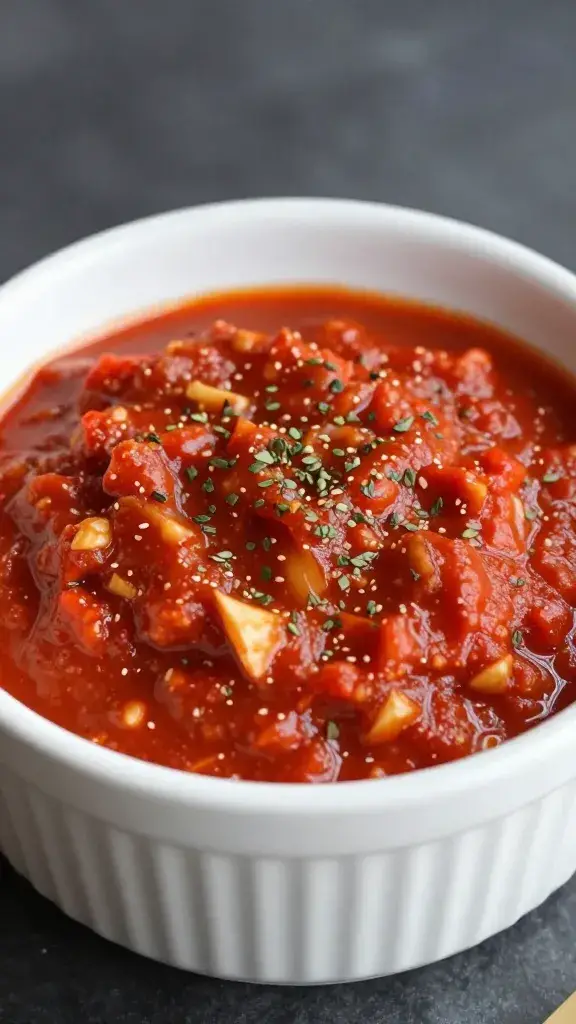 small ramekin of warm marinara with visible garlic and herbs