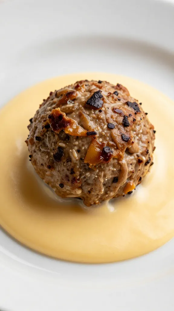 single baked meatball resting on melted cheese puddle