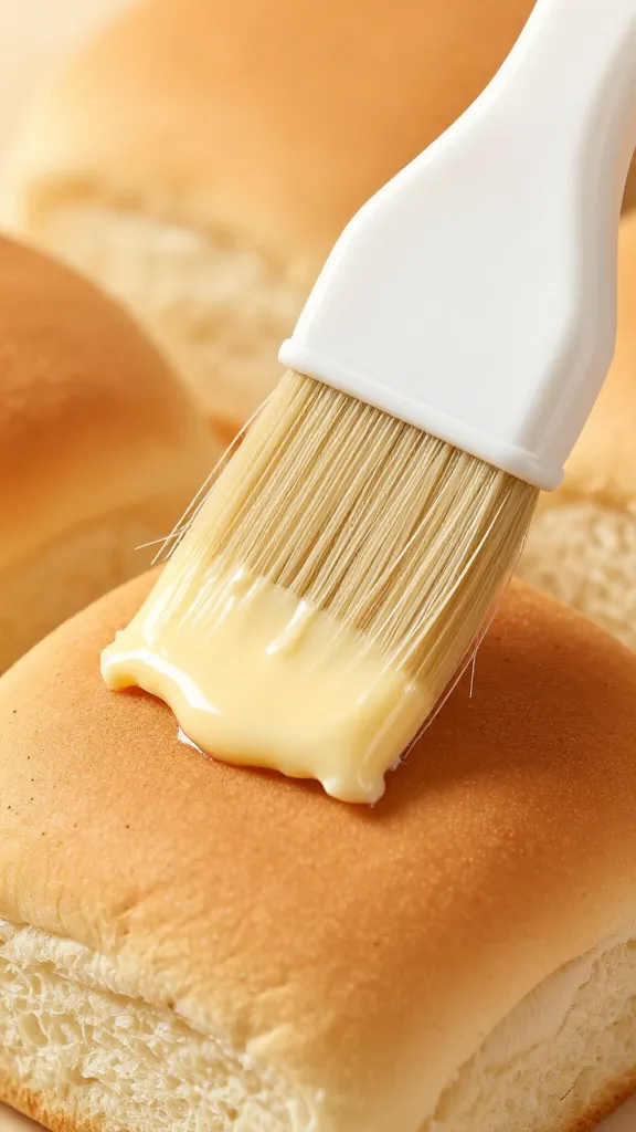 closeup of brushed butter pastry brush over slider bun