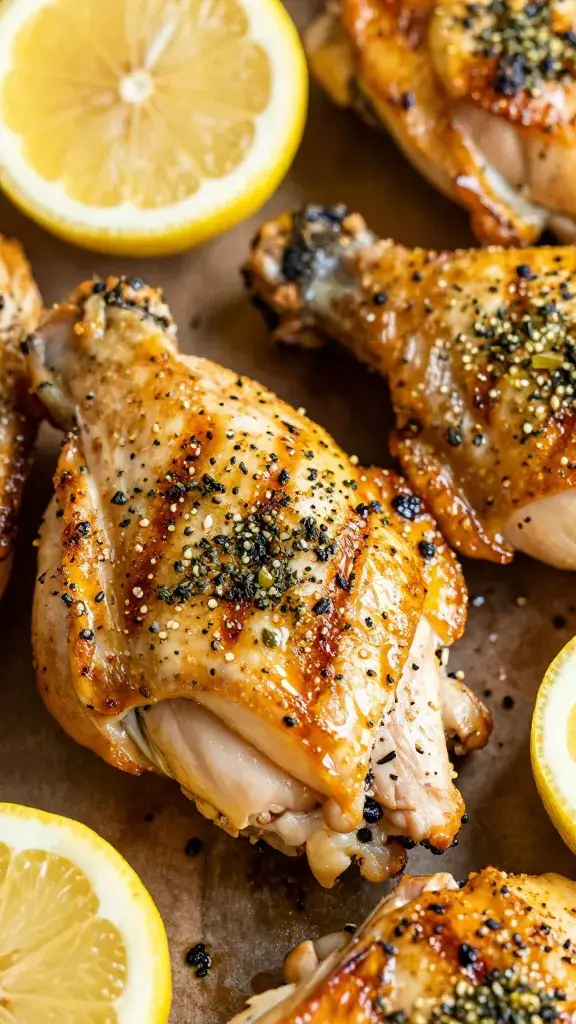 closeup of grilled lemon-oregano chicken thigh slices