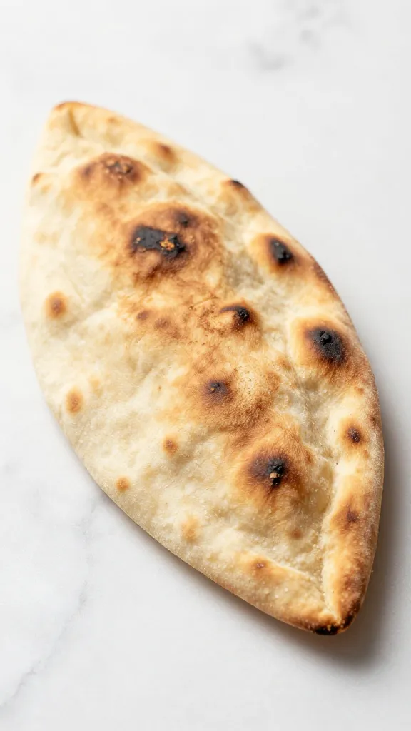 warm pita pocket on white marble, lightly charred