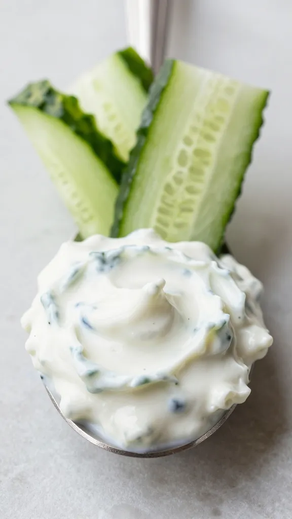 spoonful of creamy tzatziki with cucumber ribbons