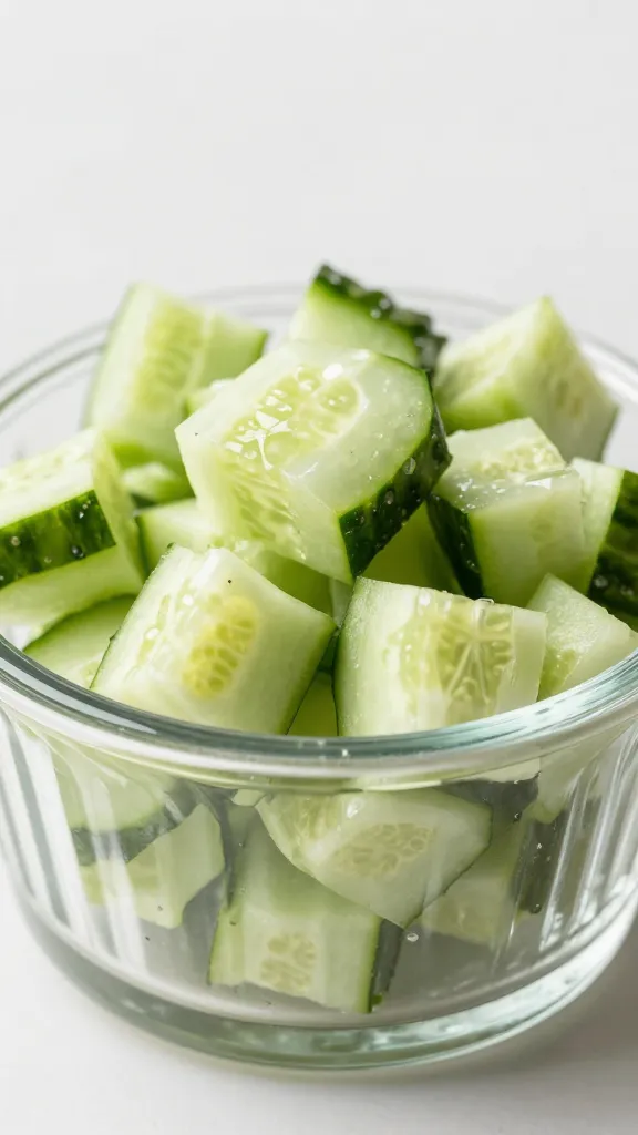 diced English cucumber in clear glass ramekin