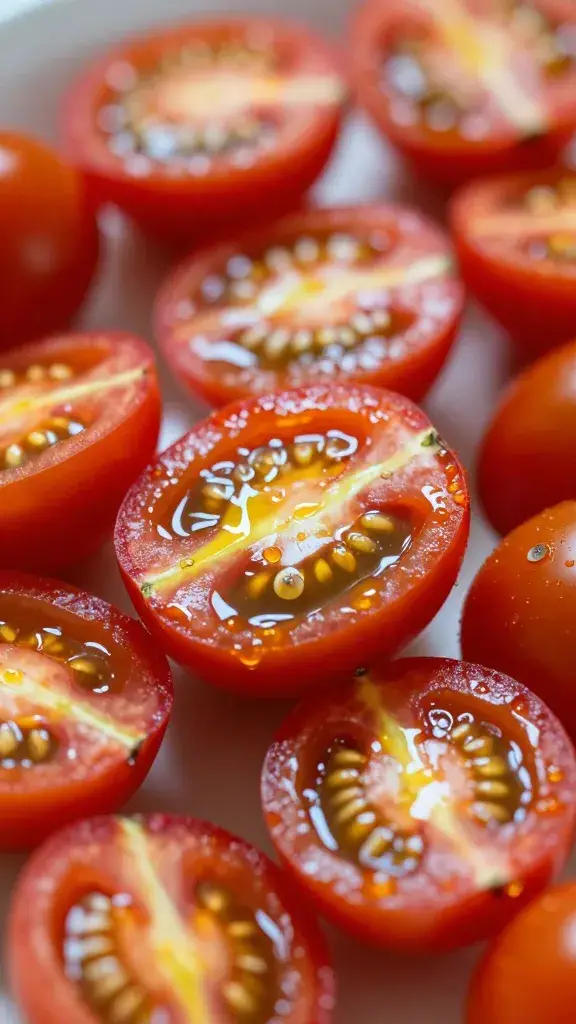 halved cherry tomatoes glistening with olive oil