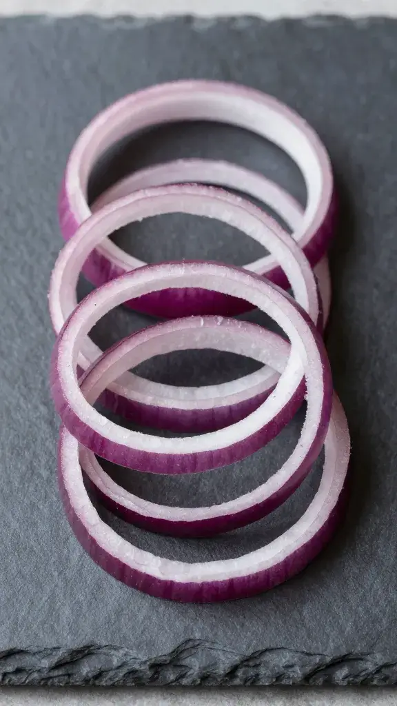 thinly sliced red onion curls on slate board