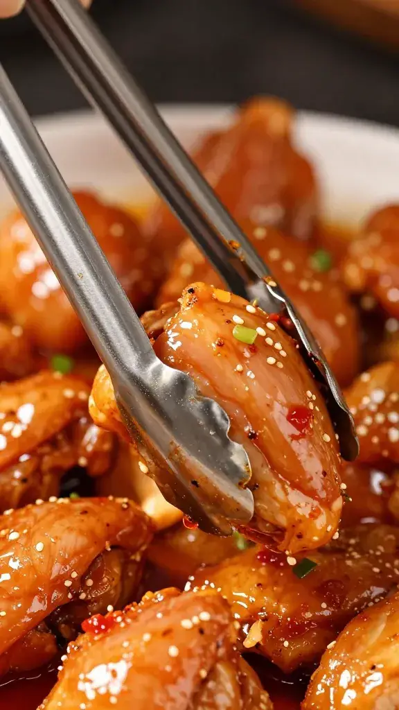 stainless tongs gripping marinated chicken chunks