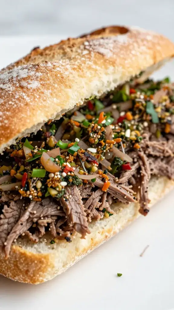closeup roast beef chimichurri sandwich on crusty ciabatta