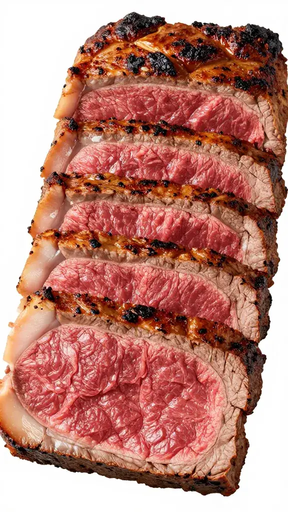 sliced medium-rare roast beef, juicy texture, studio lighting