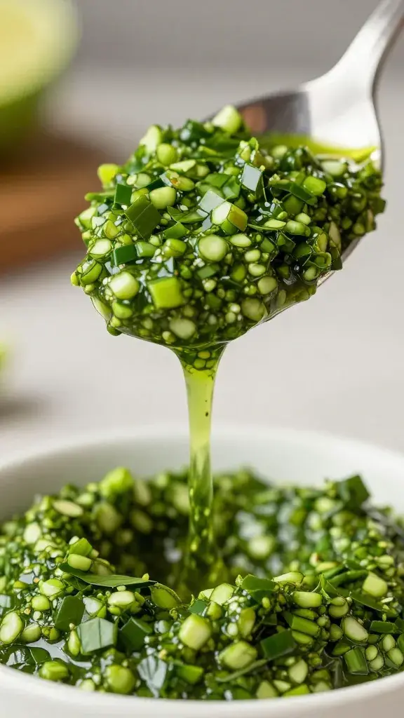 spoonful of vibrant green chimichurri dripping, macro shot