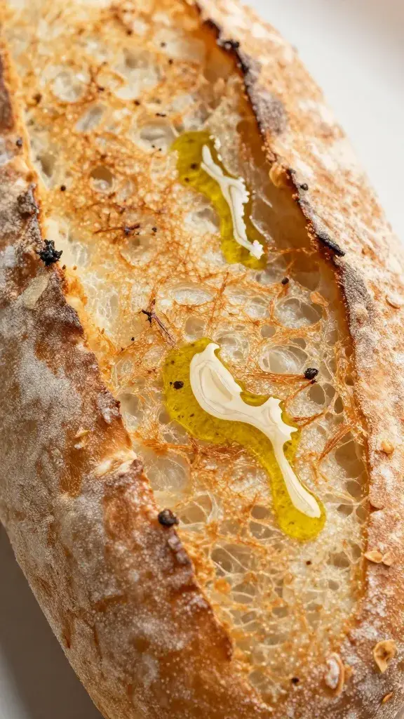 toasted ciabatta half with olive oil sheen, closeup