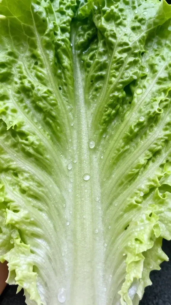 single leaf of butter lettuce, dewy and crisp, macro